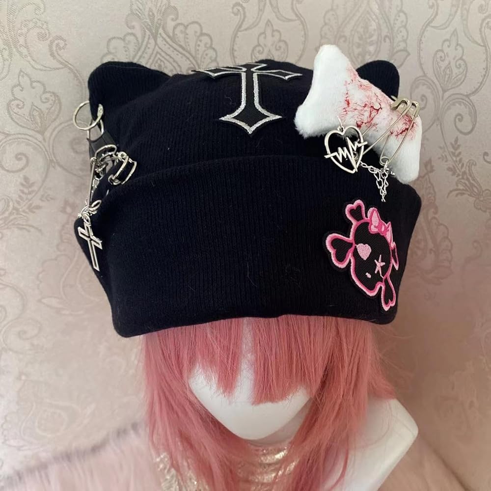 CAT KO Cross Black Beanie Hat Goth Cat Ear Hat Y2K Accessories